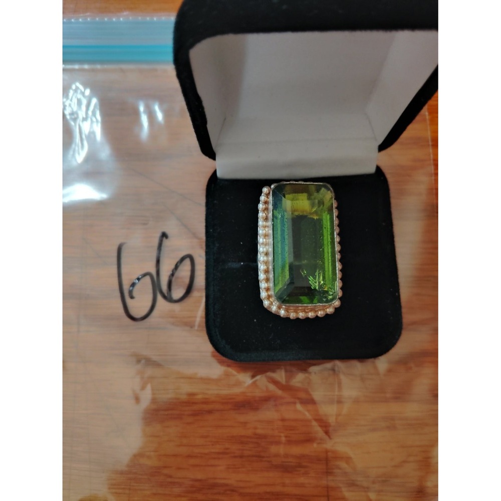 925 Sterling Silver Emerald Cut Green Stone Cocktail Ring Size 9.5 35mm Womens